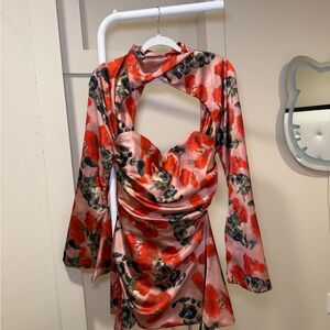 House of CB Pink Satin Floral Mini Dress with Red Poppy Print TOIRA